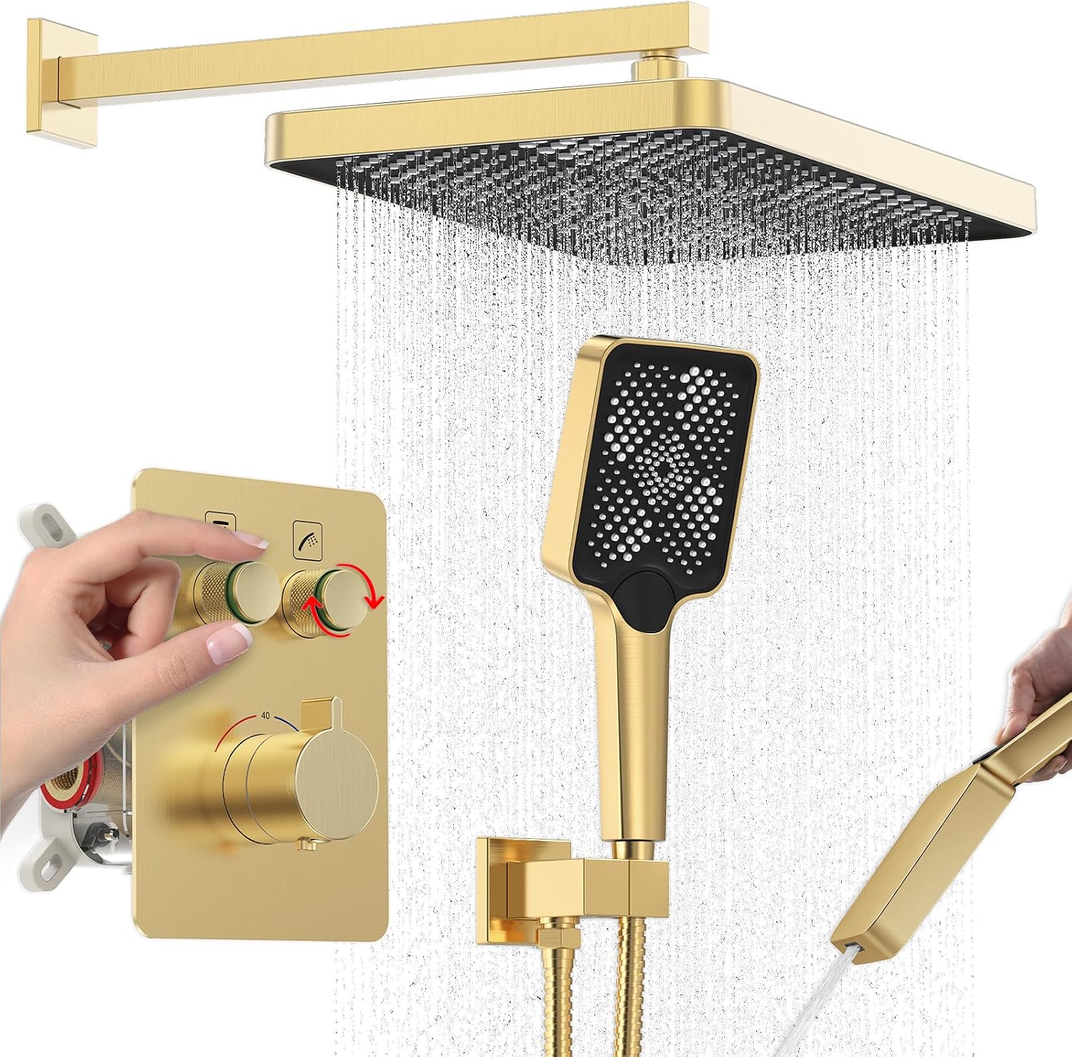 Iriber Thermostatic Shower System Wall Mount with Adjustable Water Flow Push Button Diverter,13 Inch Gold Rectangle Rainfall Shower Head and Handheld,Brushed Gold
