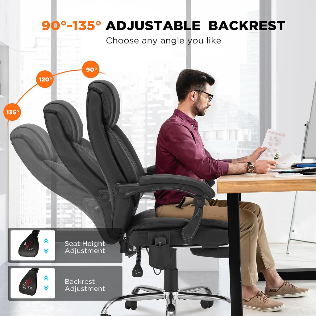 HOMREST 4-Point Massage Office Chair with Heating and Footrest, Reclining Executive Leather Desk Chair, Ergonomic Heated Managerial Chair for Home Office, Black