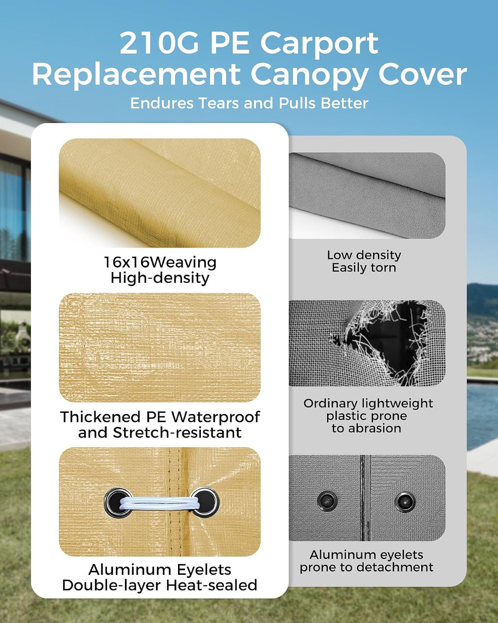 Heavy Duty 12x20FT Carport Replacement Canopy Cover, Waterproof UV Protected Tarp Replacement Top for Carport Frame with Ball Bungees, Car Garage Shelter (Khaki, Top Cover Only)