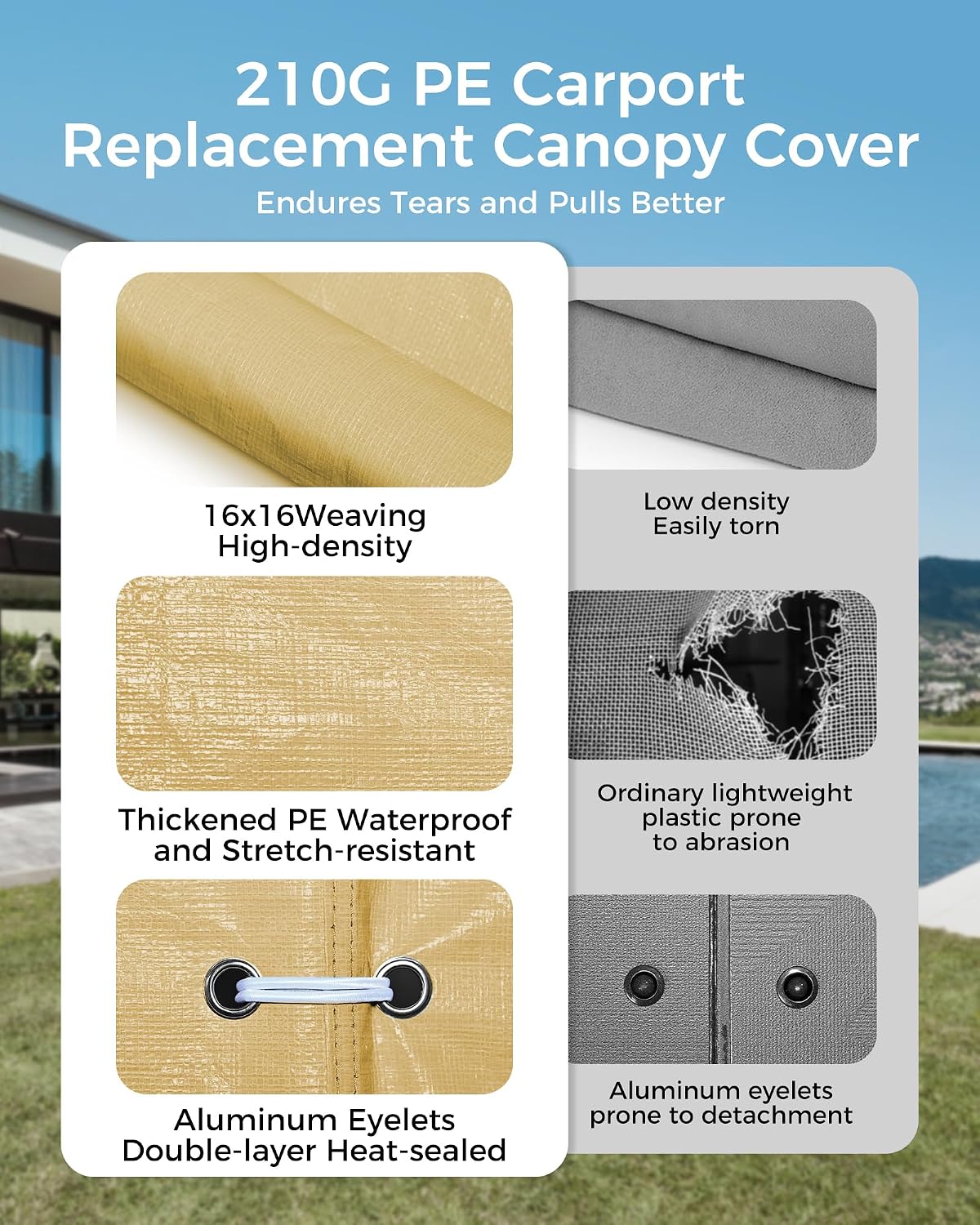Heavy Duty 12x20FT Carport Replacement Canopy Cover, Waterproof UV Protected Tarp Replacement Top for Carport Frame with Ball Bungees, Car Garage Shelter (Khaki, Top Cover Only)