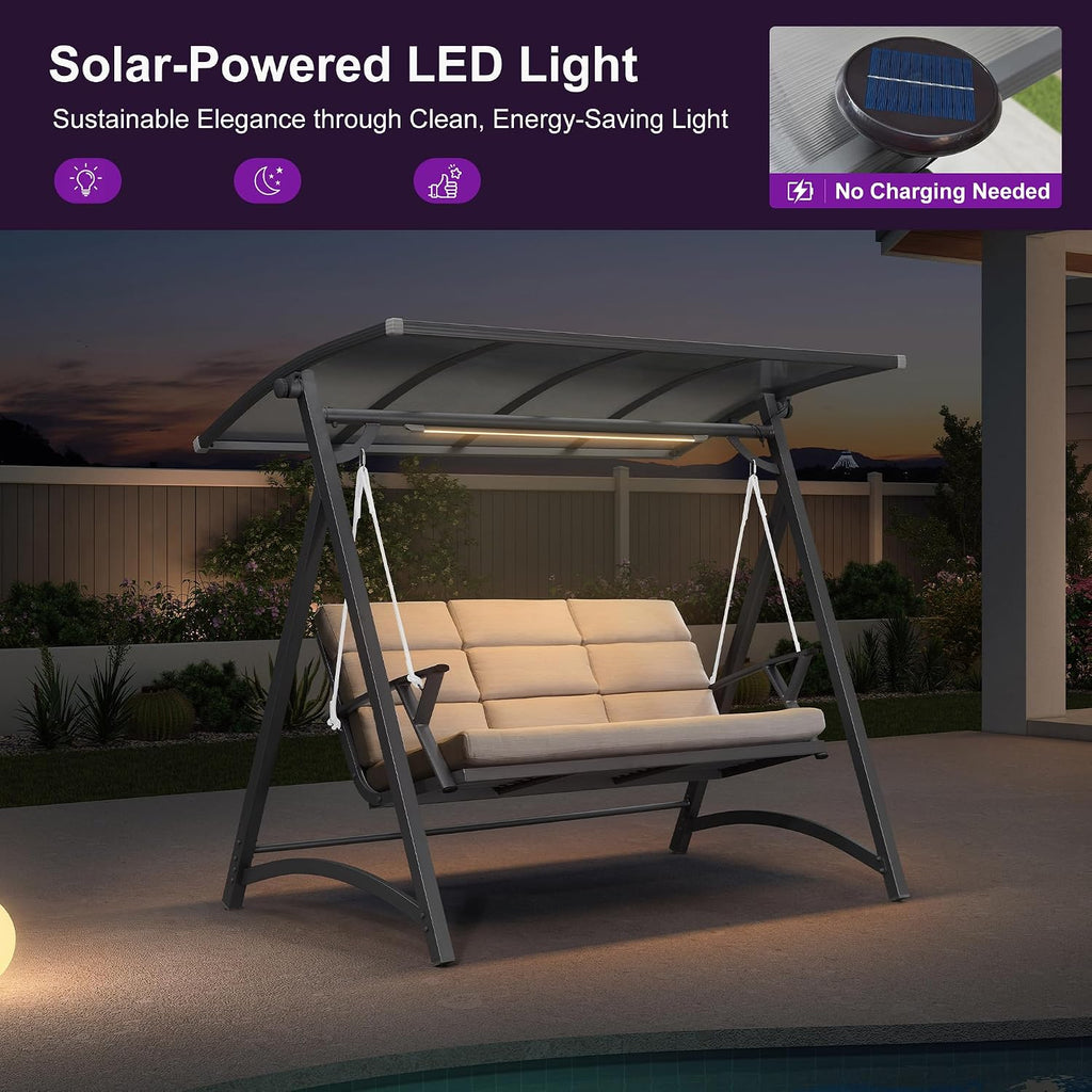 PURPLE LEAF Porch Swing 3 Person Patio Swing Chair with PVC Canopy Outdoor Deluxe Modern Yard Hammock Swinging Chairs w/Solar LED Light and Cushions for Backyard Glider Outside Loveseat Bench