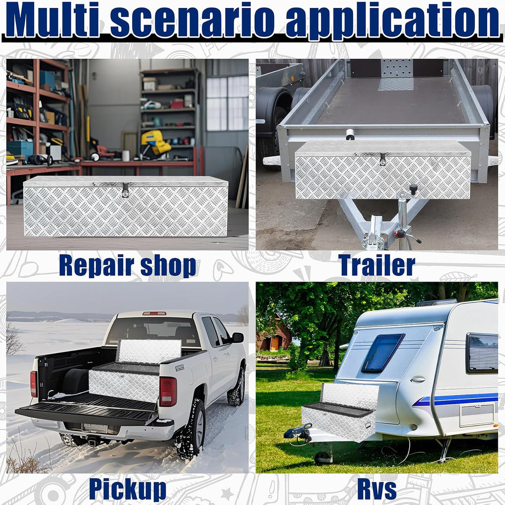 Aluminum Underbody Truck Box 39'×13'×11' Pick up Square Storage Toolbox Heavy Duty Diamond Plate Tool Boxes with Side Handle Buckle Lock and Keys for Storage and Organization