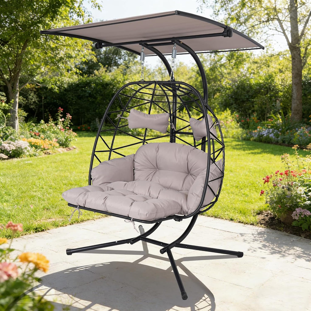 Double Egg Chair Outdoor with Stand & Canopy, 2 Person Hanging Egg Chair with Footrest, Oversized Rattan Wicker Egg Swing Chair with Lights for Bedroom Garden, 660Lbs, Black-Light Gray