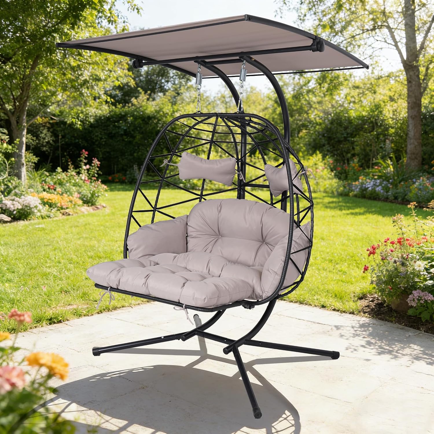 Double Egg Chair Outdoor with Stand & Canopy, 2 Person Hanging Egg Chair with Footrest, Oversized Rattan Wicker Egg Swing Chair with Lights for Bedroom Garden, 660Lbs, Black-Light Gray