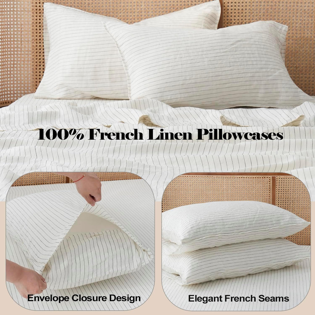 S VICTORY SYMBOL 100% Organic Linen Sheets Set Grey Pinstripe,Yarn Dyed French Natural Stone Washed Flax Bedding Set,3pcs Bed Sheets Twin XL Size,Ultra Soft&Breathable