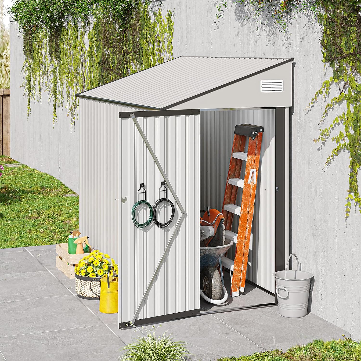 8 X 4 Ft Outdoor Storage Shed, Metal Garden Tool Shed with Lockable Door, Outdoor Door Storage Cabinet for Patio, Garage, Poolside, Bikes, and Garden (White)