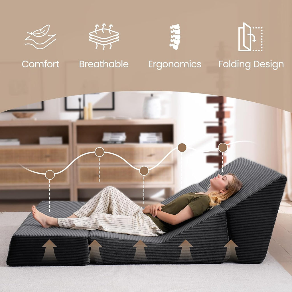 Folding Sofa Bed, Convertible Sleeper Chair with Pillows, High Support Memory Foam & Soft Corduroy Fbric, Comfy Couch Bed, Floor Loveseat Couch for Living Room, Apartment, Guest Room,Black