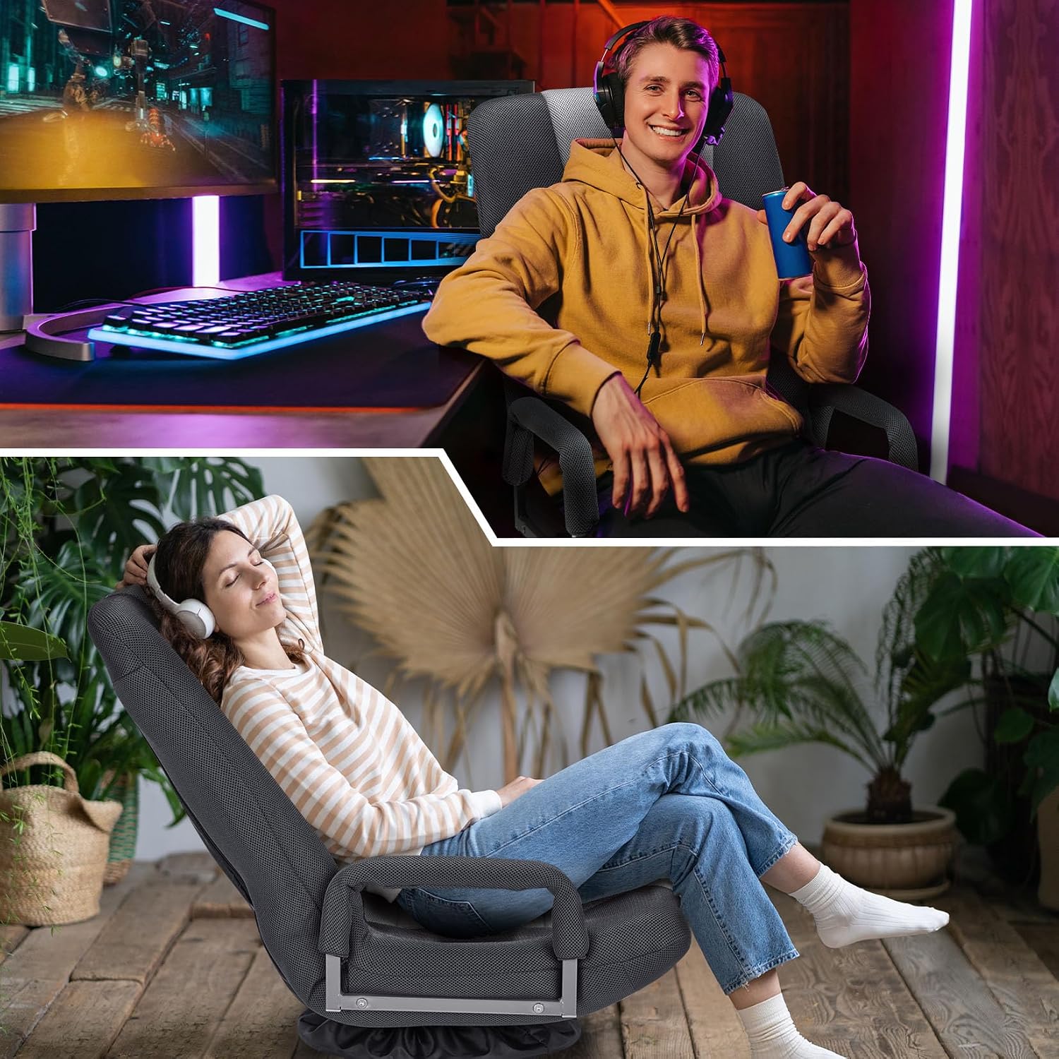 Swivel Gaming Chair Multipurpose 2PACK Floor Gaming Chair for Playing Video Games, TV, Reading w/Armrest Lumbar Support & 6 Adjustable Postion Backrest for Adults,Grey