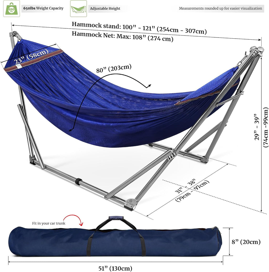 Tranquillo Double Hammock with Stand 650lb Capacity Double Hammock with Spreader Bar, Solid Grade 201 Stainless Steel 30s Set Up, Sturdy Flexible Hammock Stand Portable (Blue)