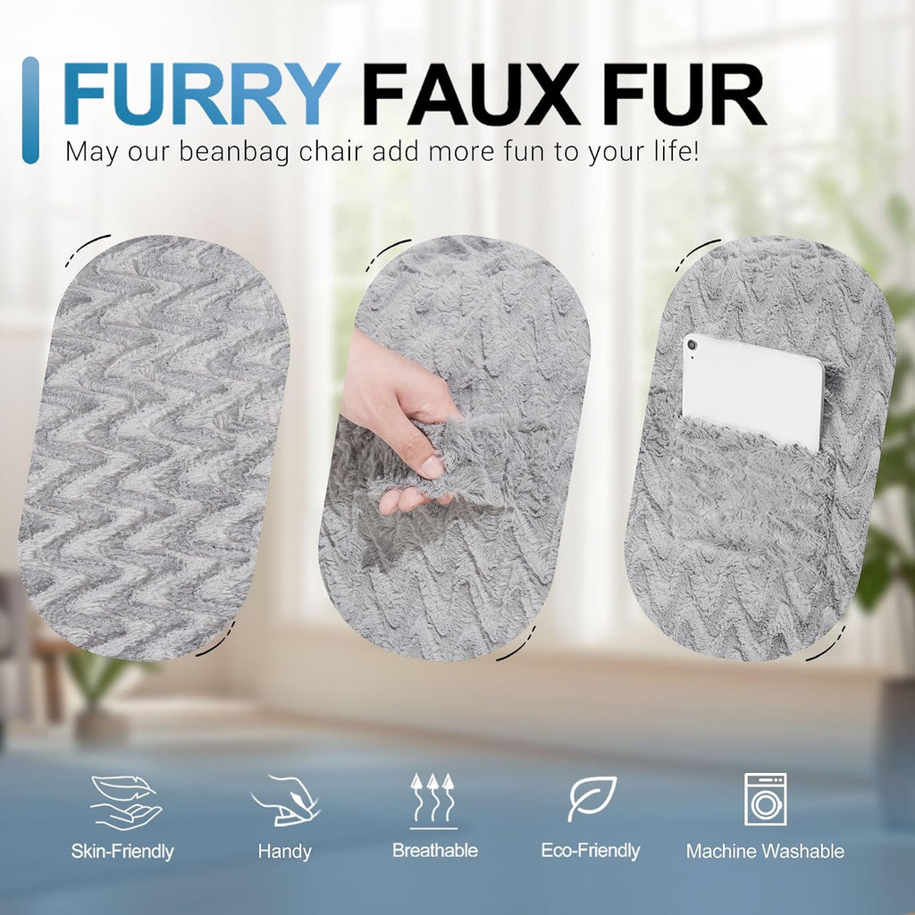 5FT Bean Bag Chair,Giant Bean Bag Chairs for Adults,Big Bean Bags with Memory Foam Filled, Large Beanbag Chairs with Chevron Plush Cover-Light Grey
