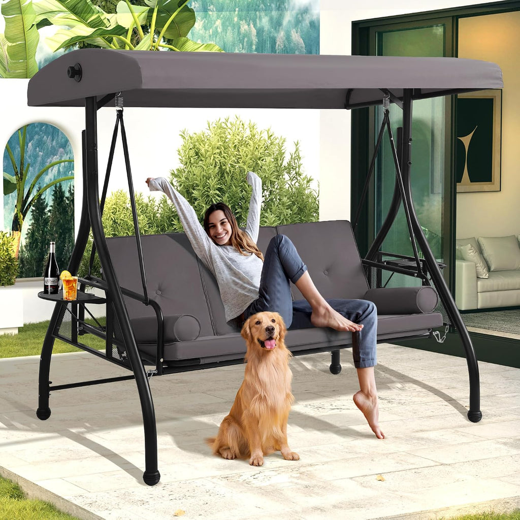 MAGIC UNION 3-Seat Outdoor Patio Swing with Stand, 3 in 1 Porch Swings with Adjustable Canopy, Upgraded Pillows Cushions and Foldable Cup Holders for Backyard, Porch, Garden(Gray)