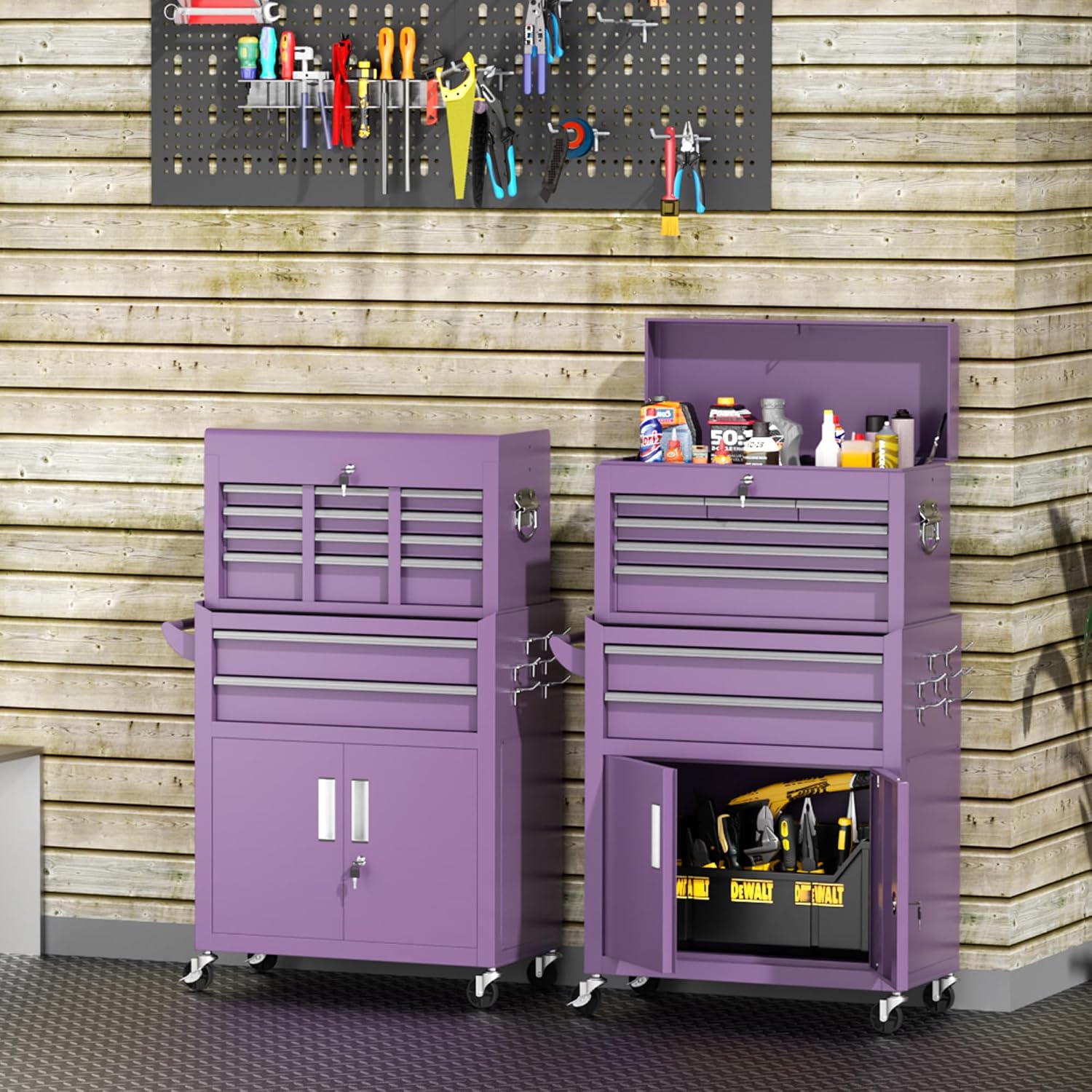 INTERGREAT 8 Drawers Tool Chest, 42'' Large Rolling Tool Chest with Drawers, Detachable Top Tool Box, Tool Cabinet for Repair Room,Warehouse, Rolling Tool Box with Hooks,Tray Divider,Liners(Purple)