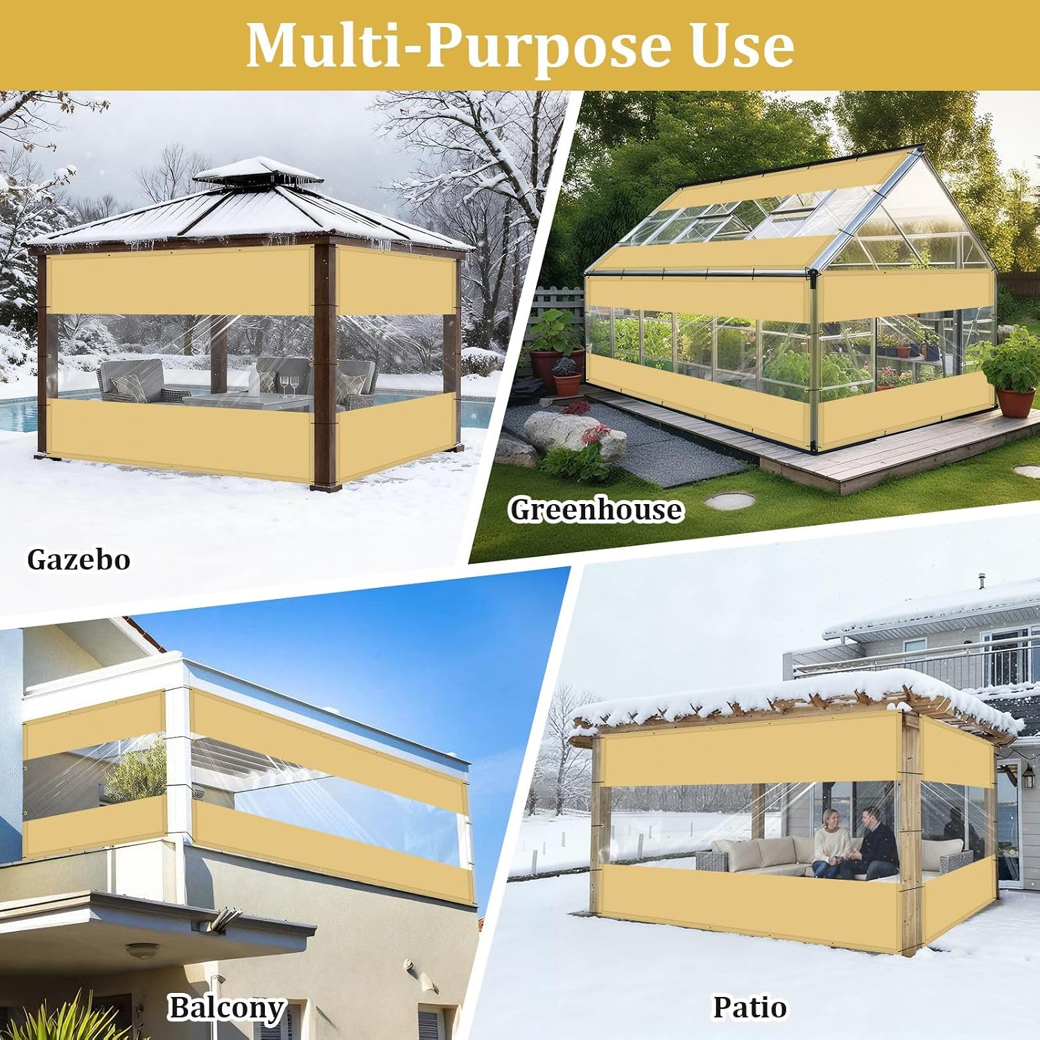 Shade&Beyond Outdoor Vinyl Curtain, 10'W x 16'L Heavy Duty Clear Tarp with Grommets Waterproof, Privacy Clear Panel UV-Resistant for Pergola Gazebos Porch Enclosure Patio(Customized Size, Beige)