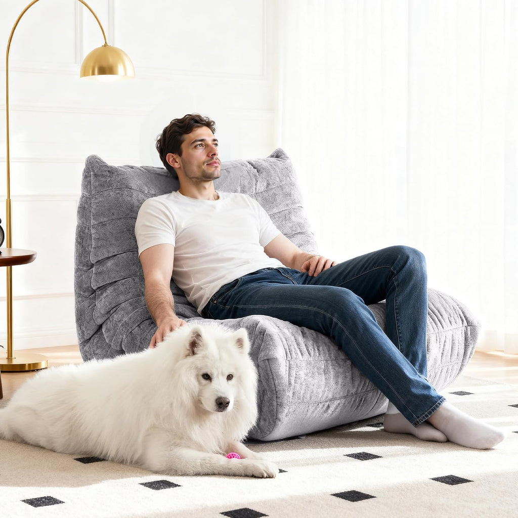 Bean Bag Chair, Giant Bean Bag Chairs for Adults, Faux Fur Memory Foam Bean Bag Couches with Filler, Fireside Lazy Sofa for Living Room, Bedroom, Office(Light Gray)