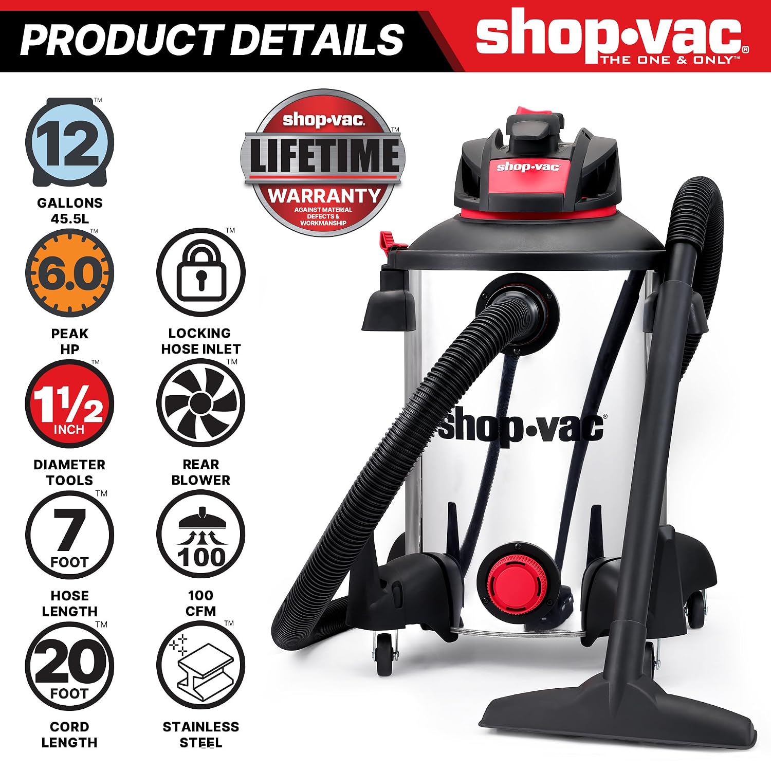Shop-Vac 5761311 12-Gallon Wet/Dry Shop Vacuum, 6 Peak HP, 1.5 Inch Diameter x 7 Foot Hose, 20 Foot Cord, Ideal for Home, Garage, and Workshop Cleaning