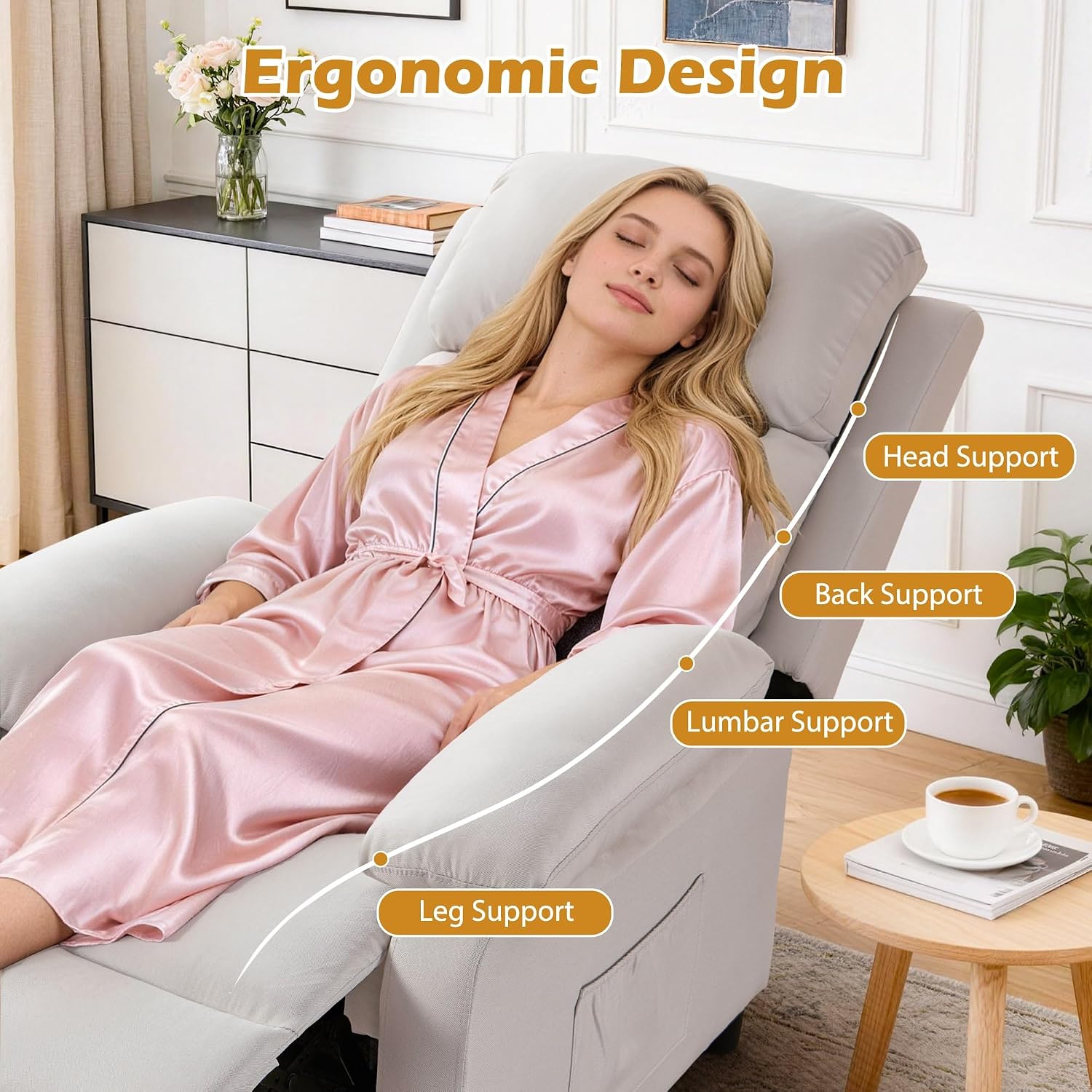 Korser Recliner Chair, Living Room Chairs for Adults, Padded Deep Seat Reading Chair with Side Pockets, Small Recliners for Small Spaces, Lounge Chair for Living Room, Bedroom, and RV (Linen)