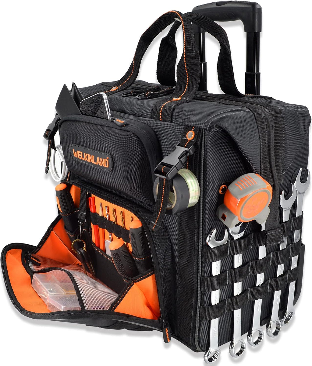 WELKINLAND 46Pockets-26' Rolling tool bag, Tools bag with wheels, Rolling tote bag, Tool tote, HVAC tools bags, Electrician tool bag, Tool bag organizer, Tool bags for men