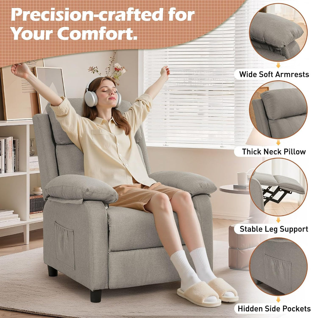Korser Recliner Chair, Living Room Chairs for Adults, Padded Deep Seat Reading Chair with Side Pockets, Small Recliners for Small Spaces, Lounge Chair for Living Room, Bedroom, and RV (Linen)