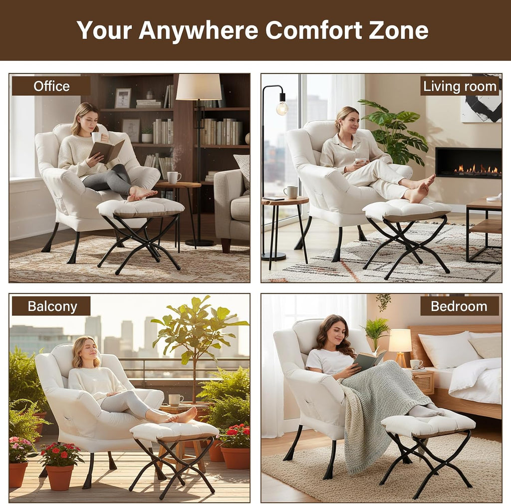 Welnow Lazy Chair with Ottoman, Modern Reading Accent Chair with Armrests and a Side Pocket, Leisure Upholstered Lazy Sofa Set with Footrest for Small Space, Beige