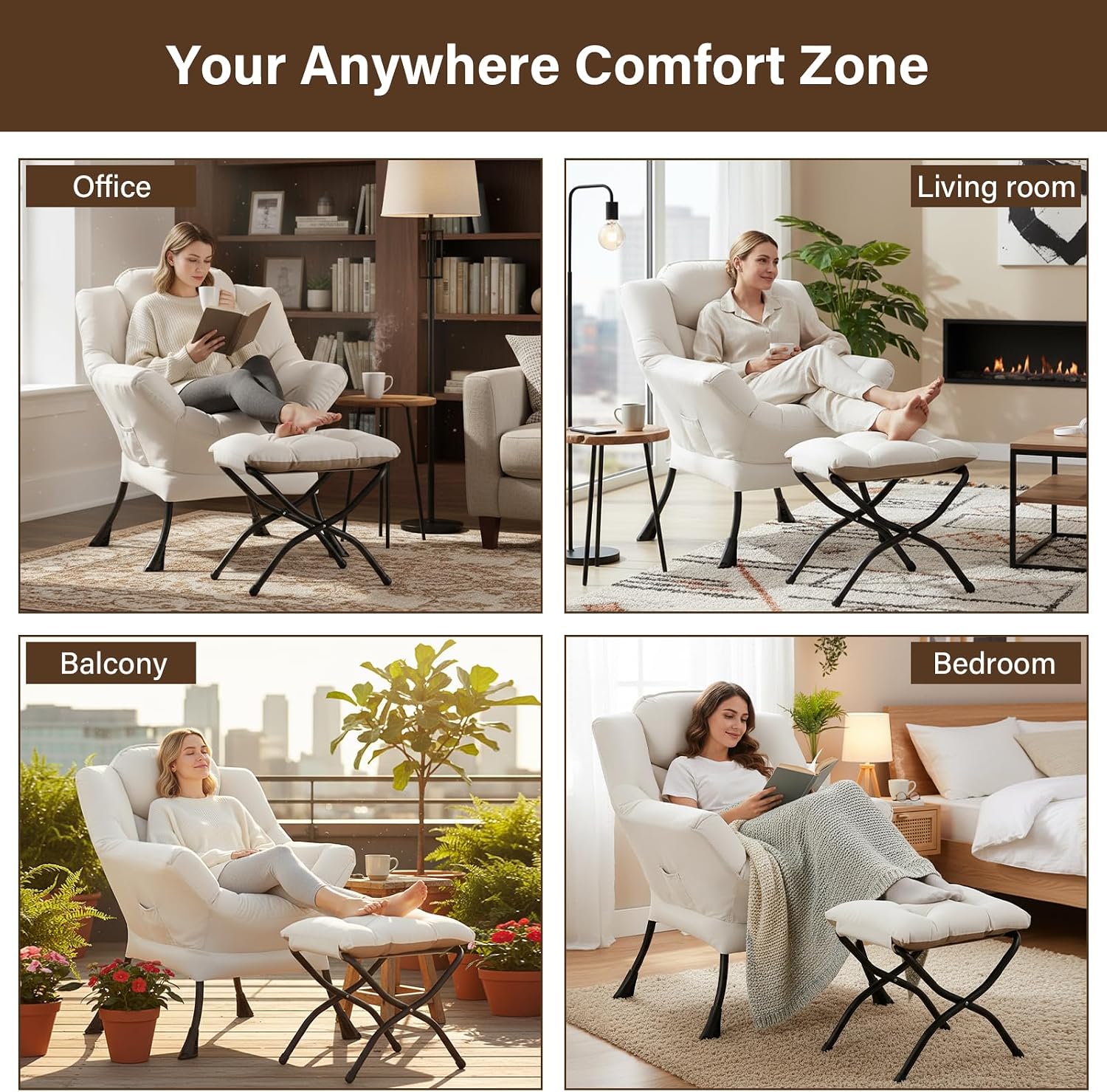 Welnow Lazy Chair with Ottoman, Modern Reading Accent Chair with Armrests and a Side Pocket, Leisure Upholstered Lazy Sofa Set with Footrest for Small Space, Beige