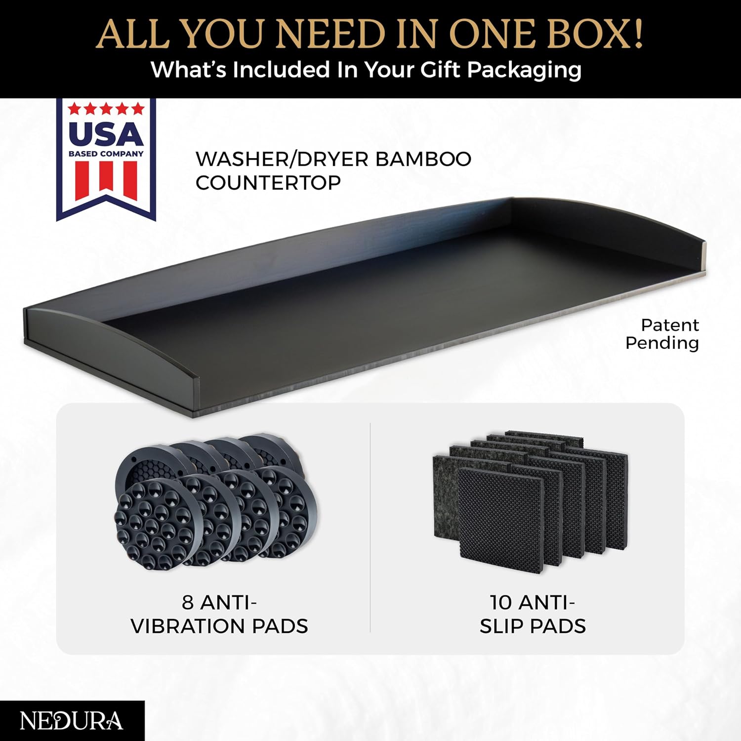 Nedura Washer Dryer Countertop w/Anti-Vibration Pads & Curved Edge Rails, Premium Bamboo Laundry Countertop, Washer Dryer Topper, Laundry Room Organization, Laundry Accessory, Designed in USA - Black