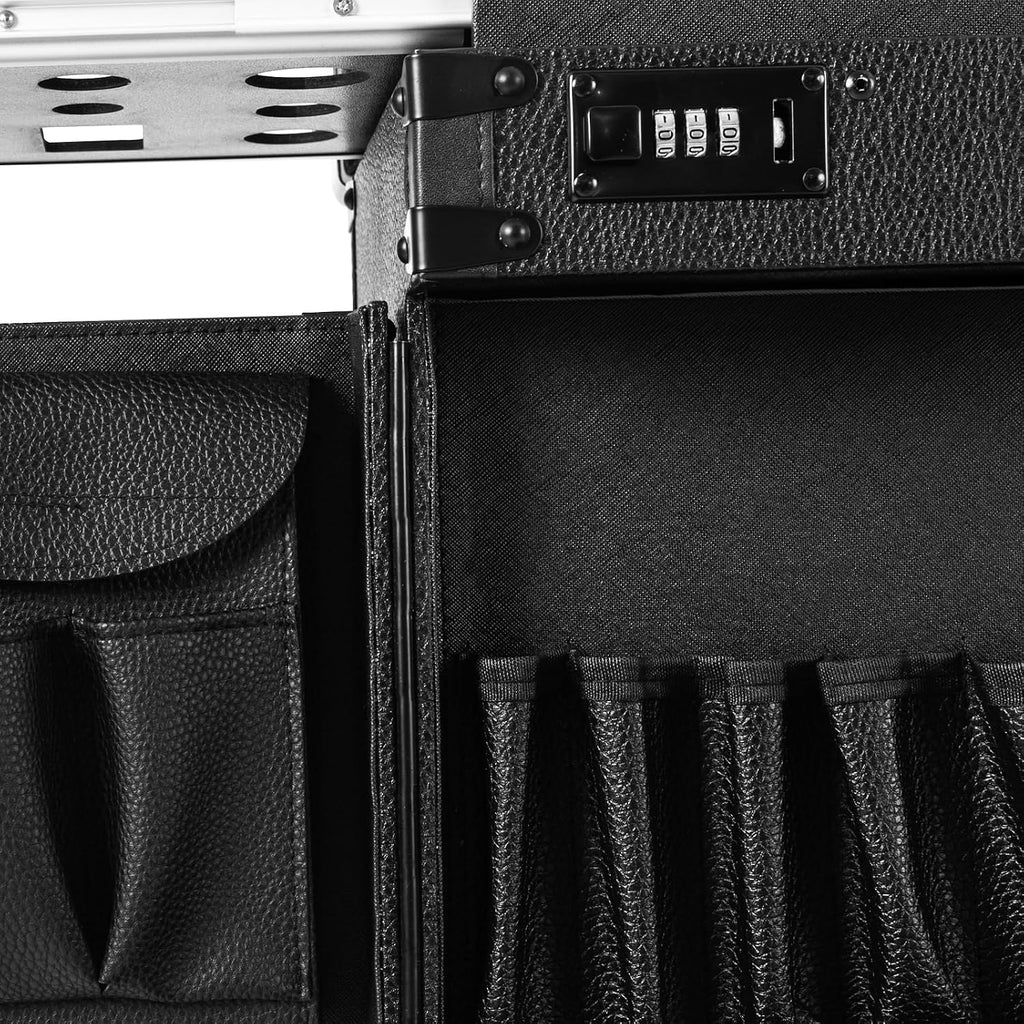 Rolling Lockable Makeup Train Case, Cosmetology Case on Wheels Hairstylist Traveling Bag with Hairdryer Holder, Salon Storage Toolbox with Carry Handle and Trolley (Pure Black)