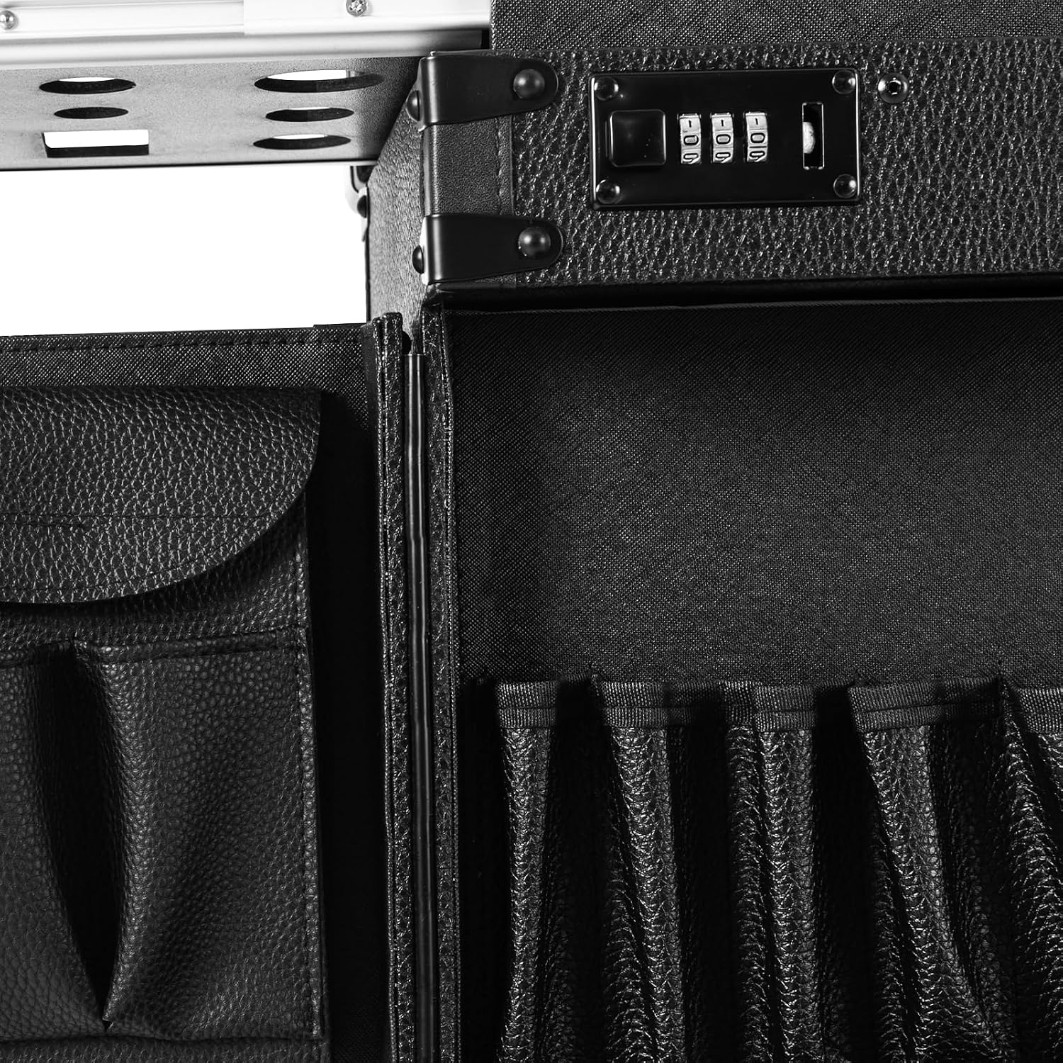Rolling Lockable Makeup Train Case, Cosmetology Case on Wheels Hairstylist Traveling Bag with Hairdryer Holder, Salon Storage Toolbox with Carry Handle and Trolley (Pure Black)