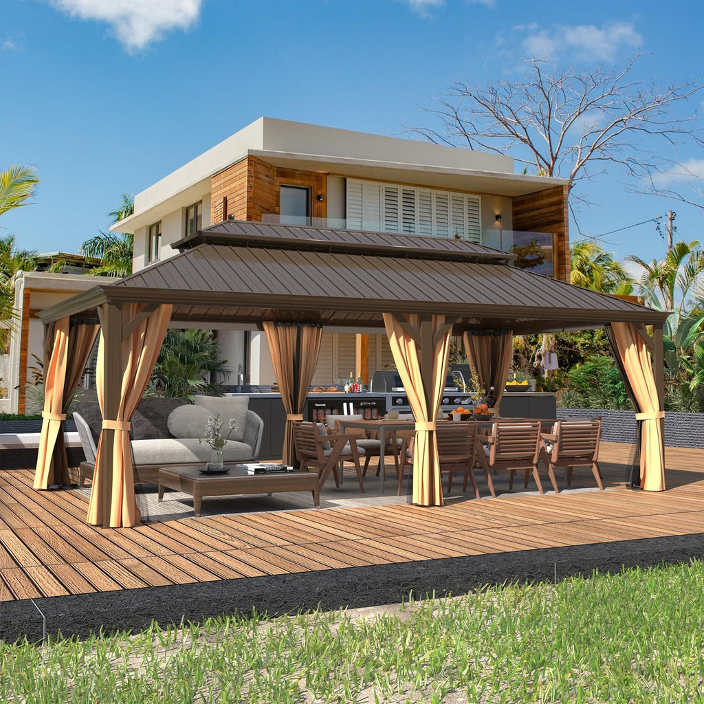 YOLENY 12'x22' Hardtop Gazebo, Galvanized Steel Double Roof Canopy with Aluminum Frame Permanent Metal Pavilion with Netting and Curtains for Patio Backyard Deck and Lawns