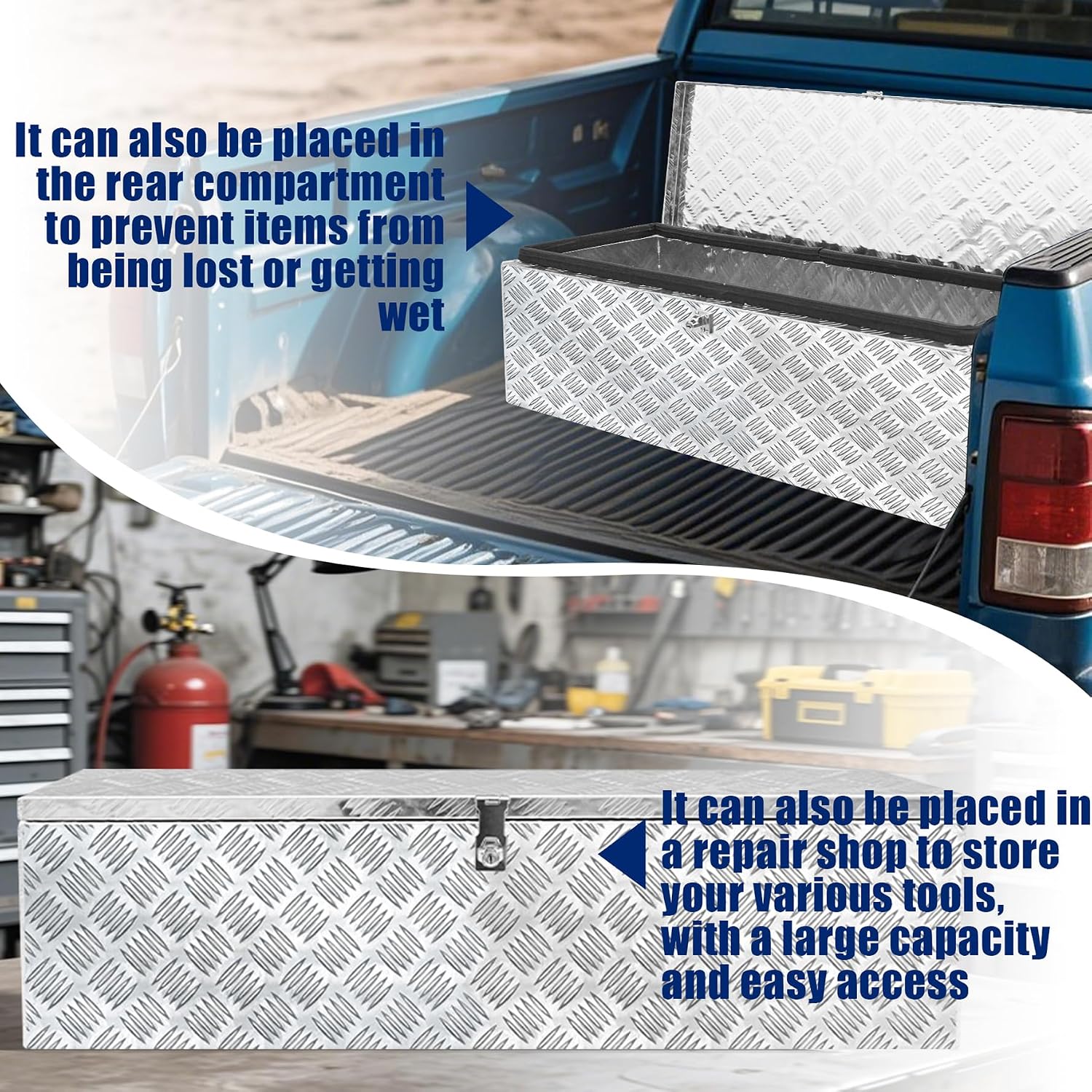 Aluminum Underbody Truck Box 39'×13'×11' Pick up Square Storage Toolbox Heavy Duty Diamond Plate Tool Boxes with Side Handle Buckle Lock and Keys for Storage and Organization