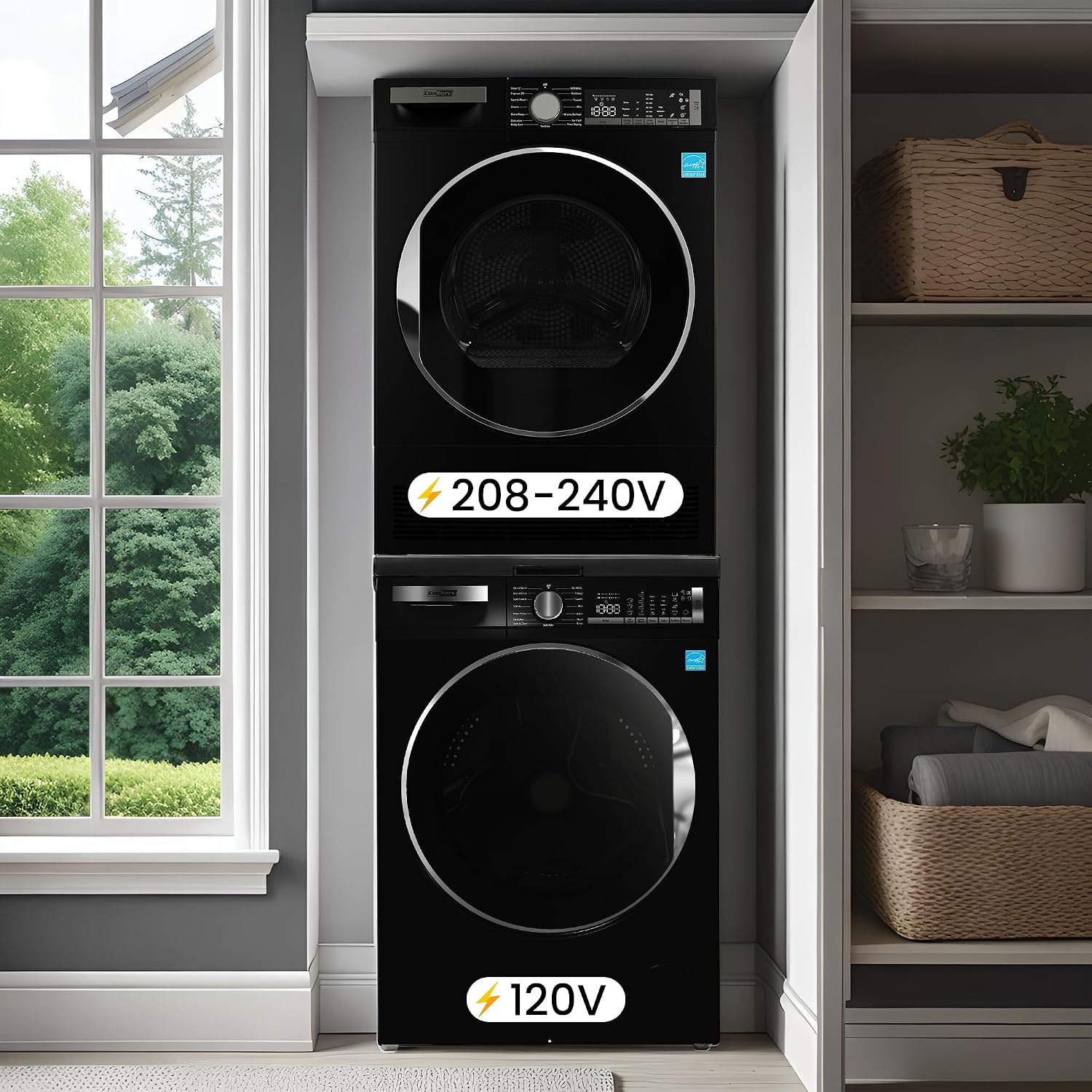 Conserv Front Load Washer & Condensing Dryer, 2.2 cu ft Washer (110V) + 4 cu ft Dryer (220/240V), ENERGY STAR, 15 Cycles, Stainless Steel Drum, LED Display, Compact Laundry Pair (Matte Black)