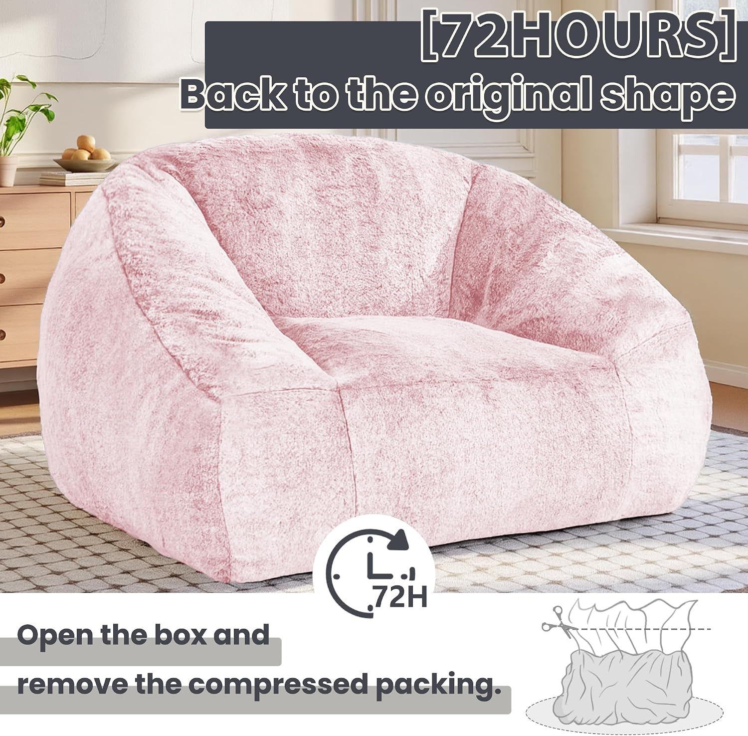 Bean Bag Chairs for Adults, Giant Beanbag Sofa Comfy Reading Chair, Oversized Bean Bag Chairs for Living Room Bedroom, Soft Faux Fur Fabric, 3.2FT, Pink, Plush