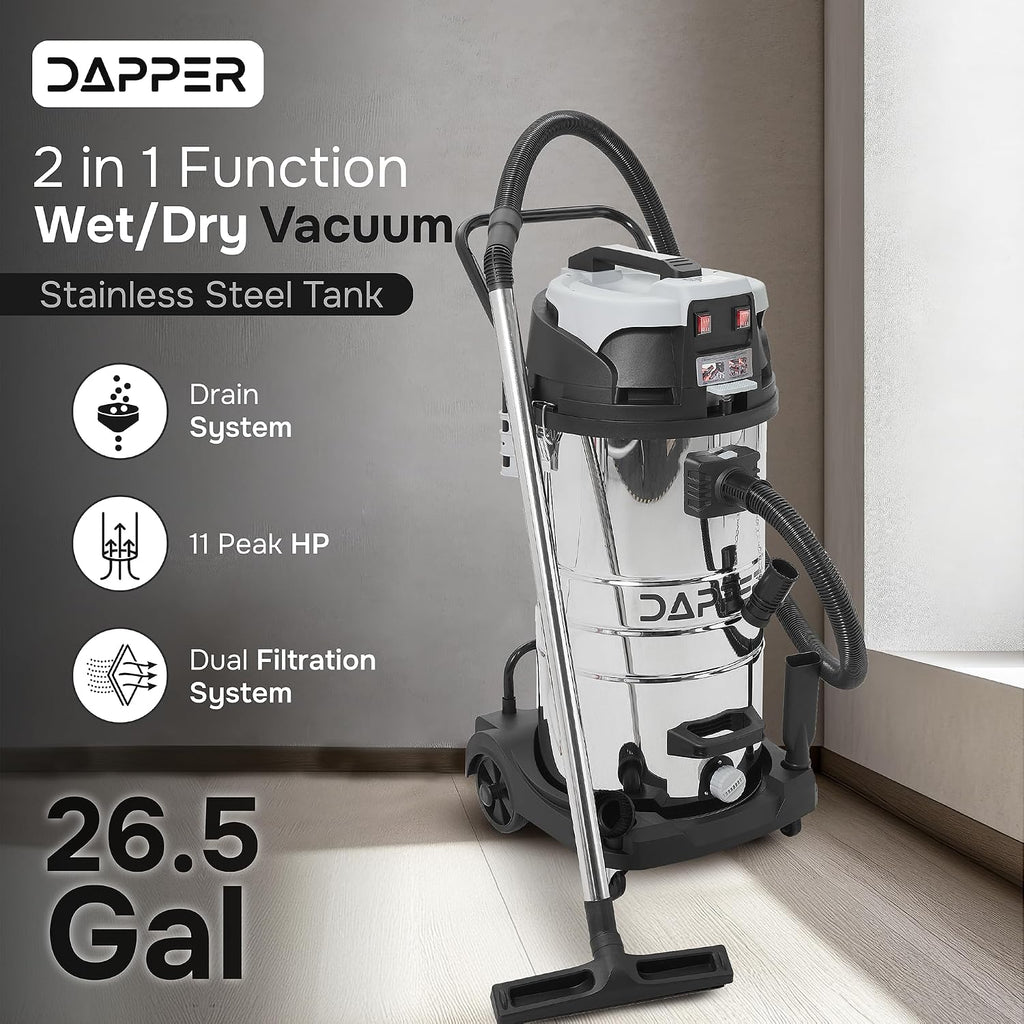 Dapper Supply 26.5 Gallon 11 Peak HP Wet/Dry Vacuum, Stainless Steel Tank, 2 in 1 Function Portable Shop Vacuum with Attachments, Built-in Drain Ideal for Jobsite, Garage & Workshop.