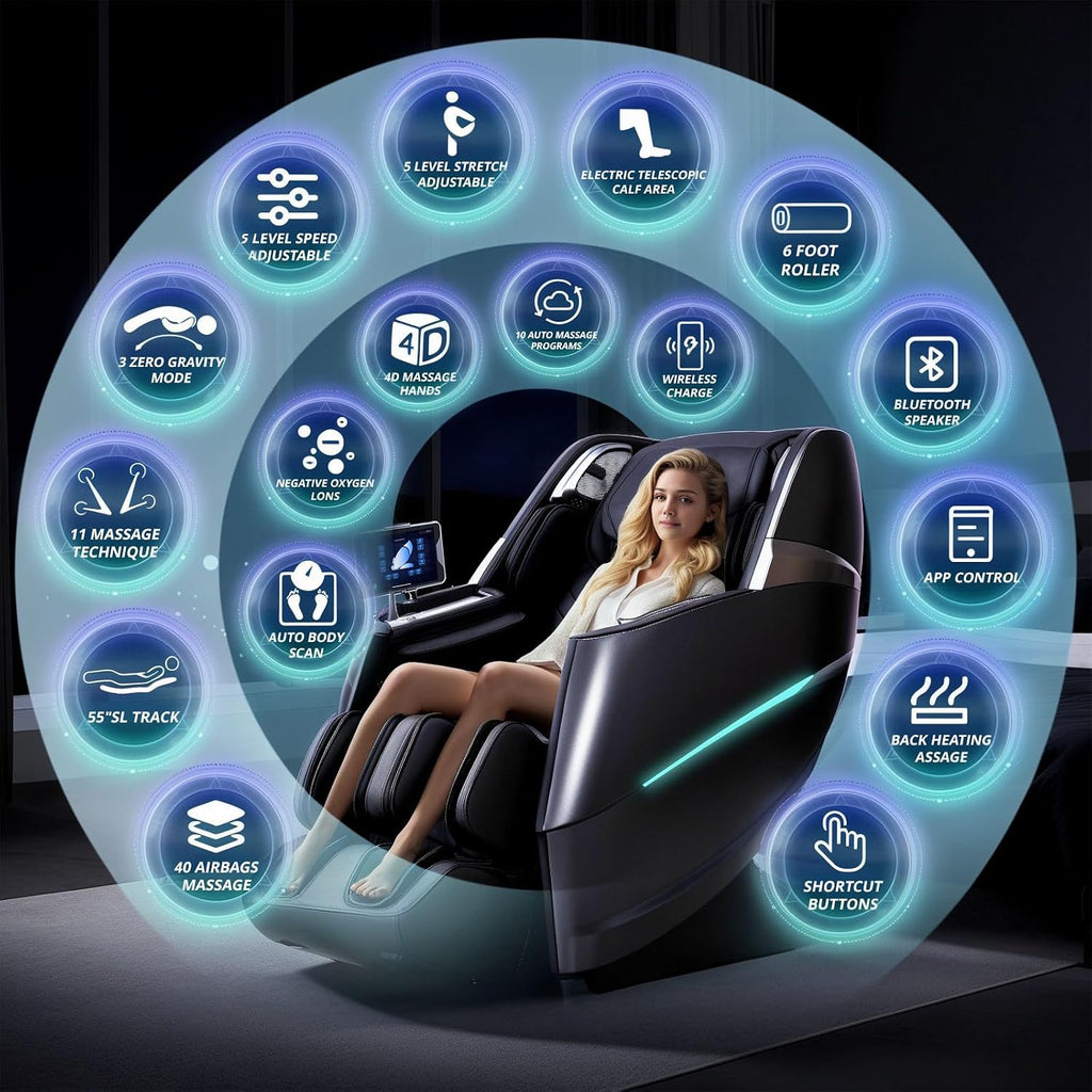 HealthRelife 4D Massage Chair Full Body Zero Gravity Recliner - 55' SL-Track,20 Auto Modes,11 Massage Technique,40 Airbags Massage,with Yoga Stretch,APP Control,Negative Oxygen lons (Black)