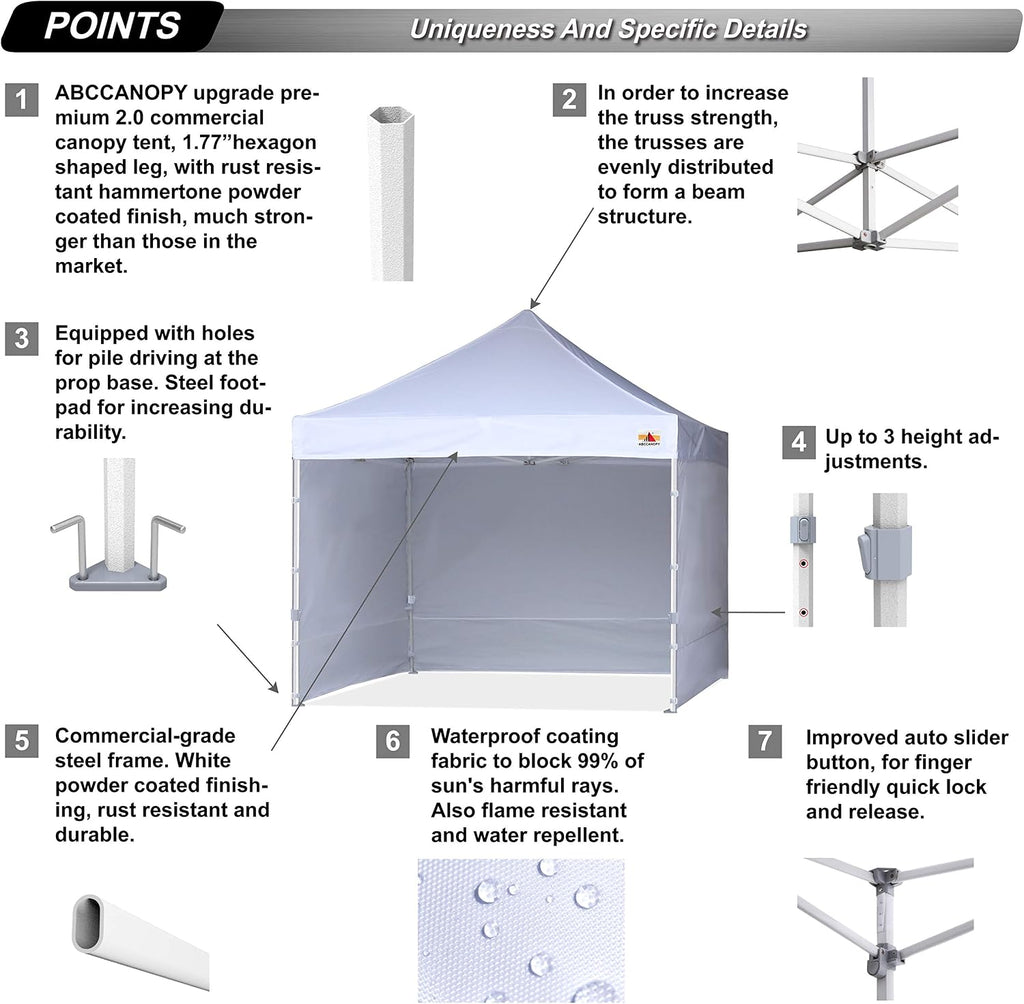 ABCCANOPY 10x10 ft Pop Up Canopy Tent Commercial Instant Outdoor Canopy Premium-Series with 3 Sidewalls and Hexagonal Legs, White