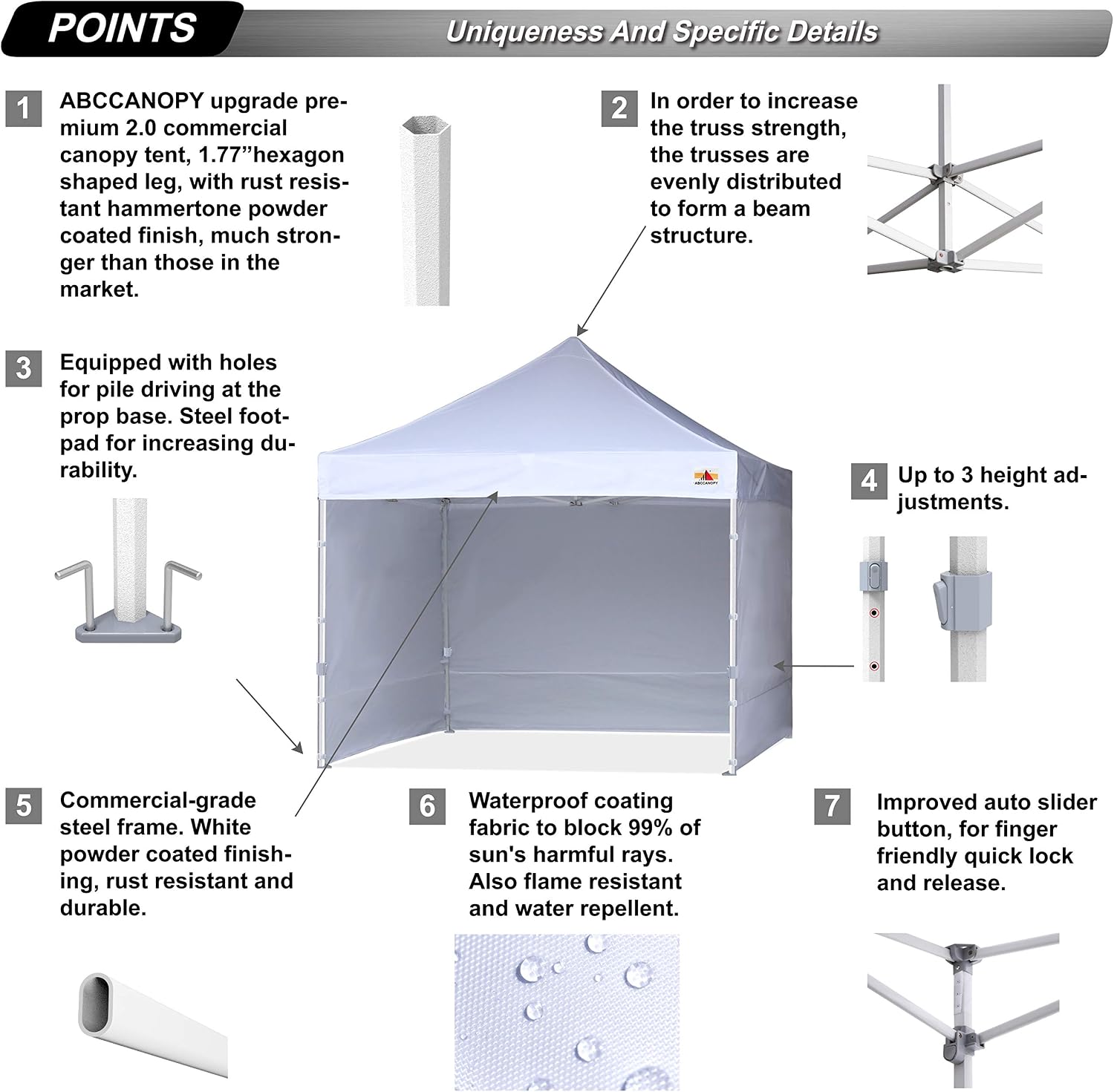 ABCCANOPY 10x10 ft Pop Up Canopy Tent Commercial Instant Outdoor Canopy Premium-Series with 3 Sidewalls and Hexagonal Legs, White