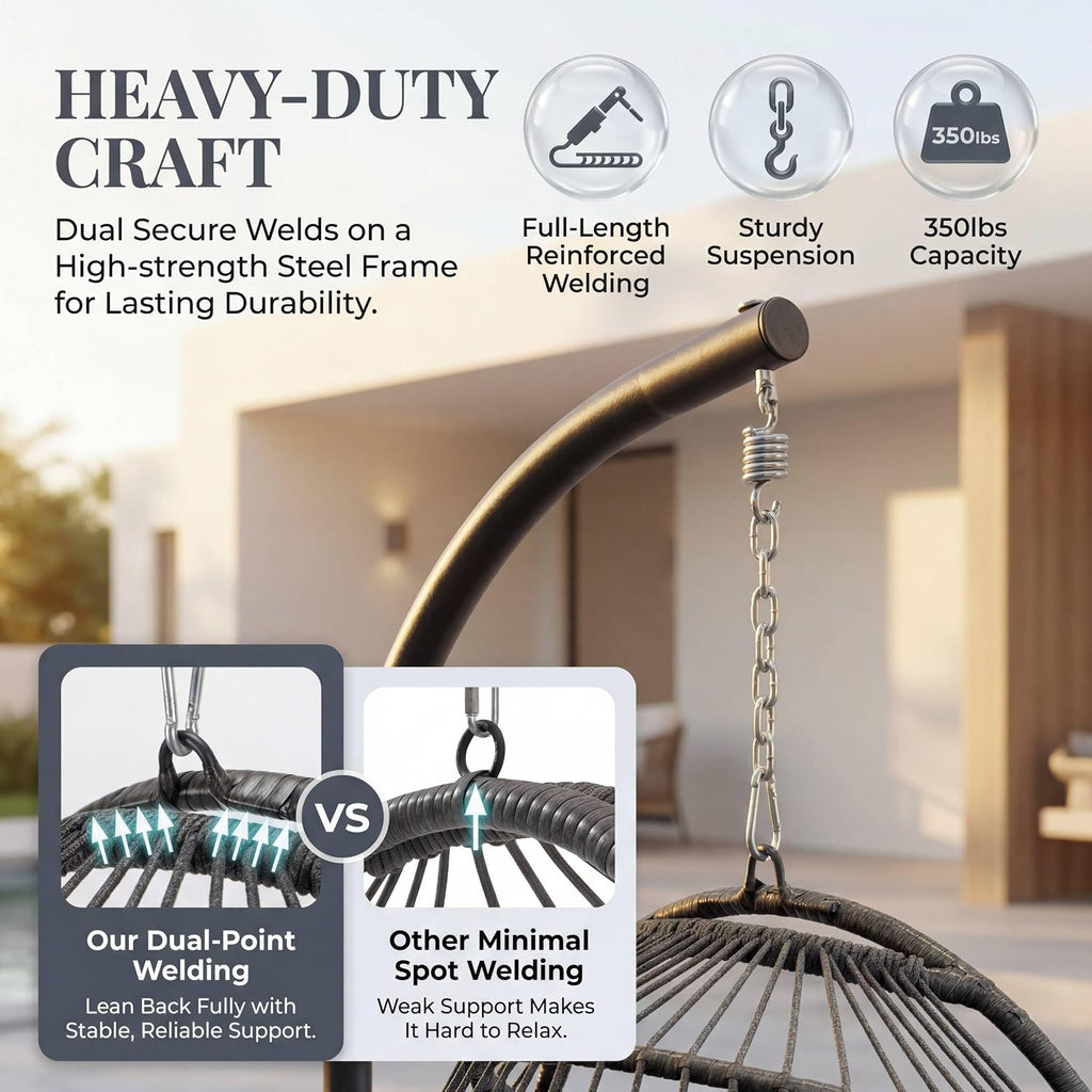 BULEXYARD Wicker Hanging Egg Chair Outdoor with Stand and Cover, 350 Lbs All-Weather Rattan Swing Chair with Cushion, Outdoor Foldable Basket Hammock for Porch Patio Garden Balcony, Light Grey