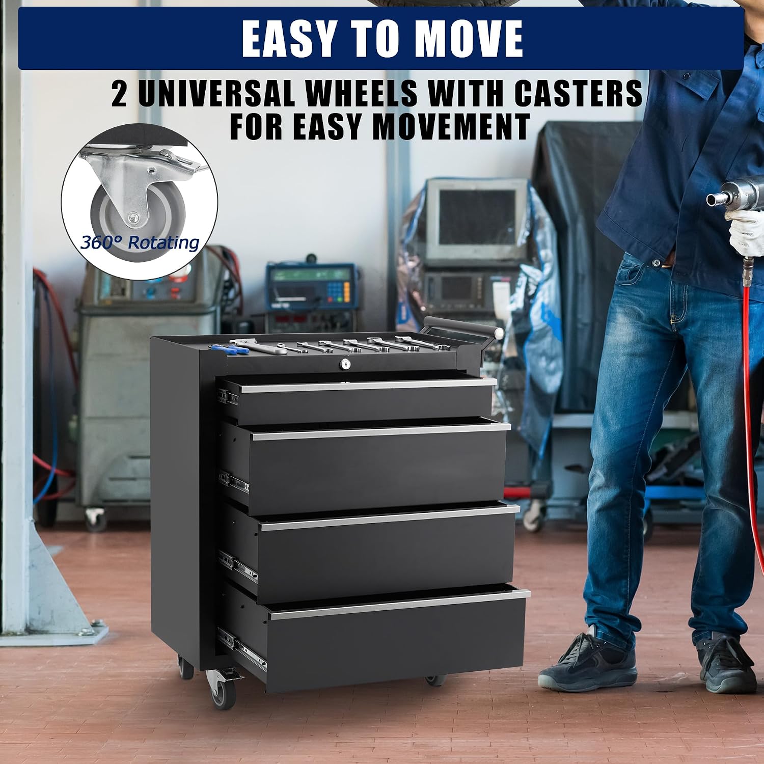 4-Drawer Rolling Tool Chest, Rolling Tool Box with Wheels and Lock System, Portable Mobile Tool Storage Cabinet for Garage, Workshop, Mechanics and Repair Room