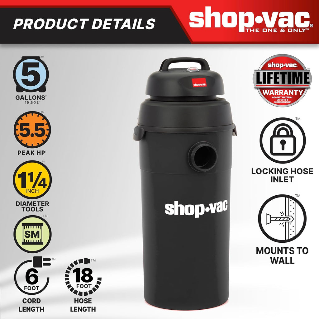 Shop-Vac 9522205 5 Gallon 5.5 Peak HP Hangup Wet/Dry Vacuum, 1.25 Inch Diameter x 18 Foot Hose, 6 Foot Cord, Wall Mount Included, Ideal for Garage, Workshop & Home