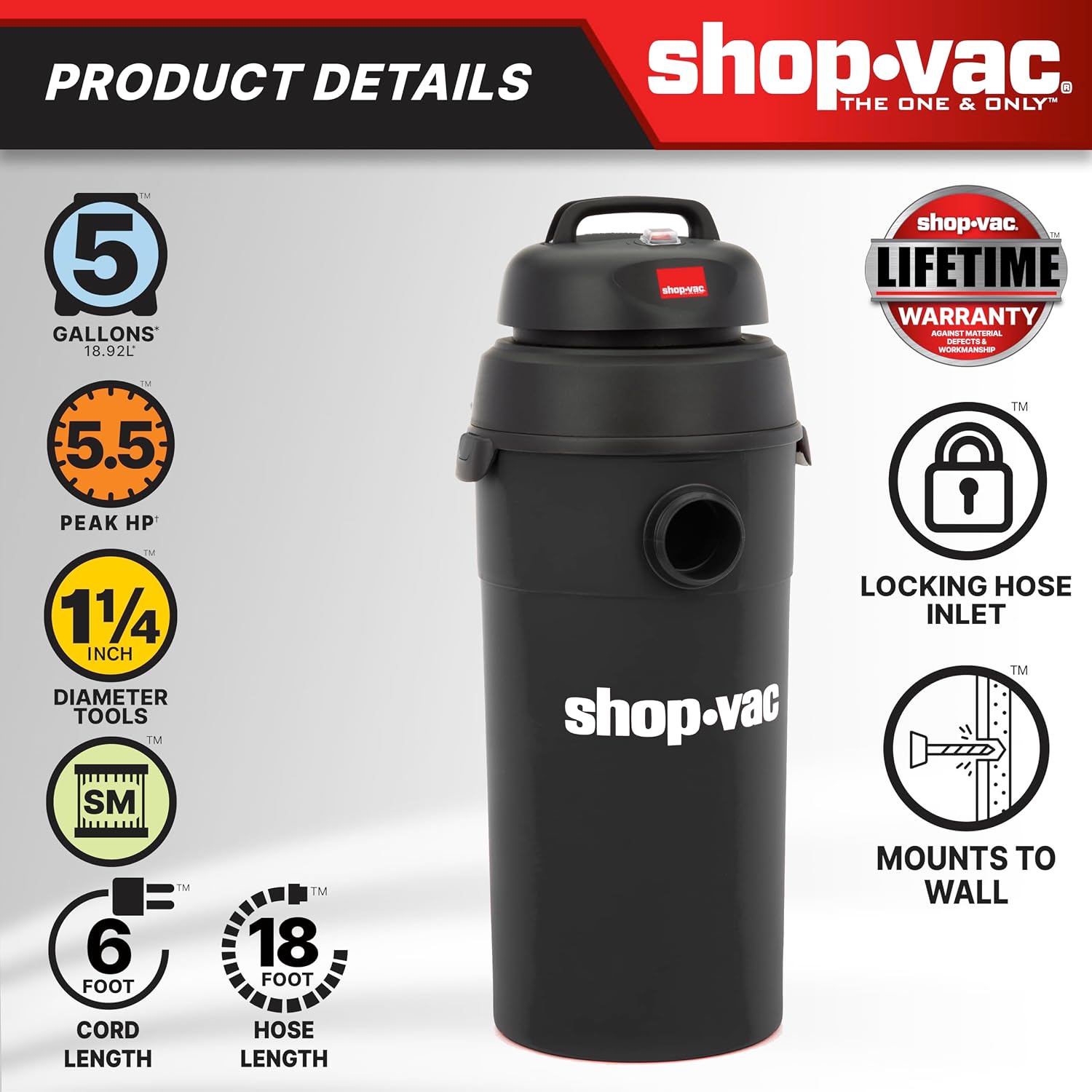 Shop-Vac 9522205 5 Gallon 5.5 Peak HP Hangup Wet/Dry Vacuum, 1.25 Inch Diameter x 18 Foot Hose, 6 Foot Cord, Wall Mount Included, Ideal for Garage, Workshop & Home