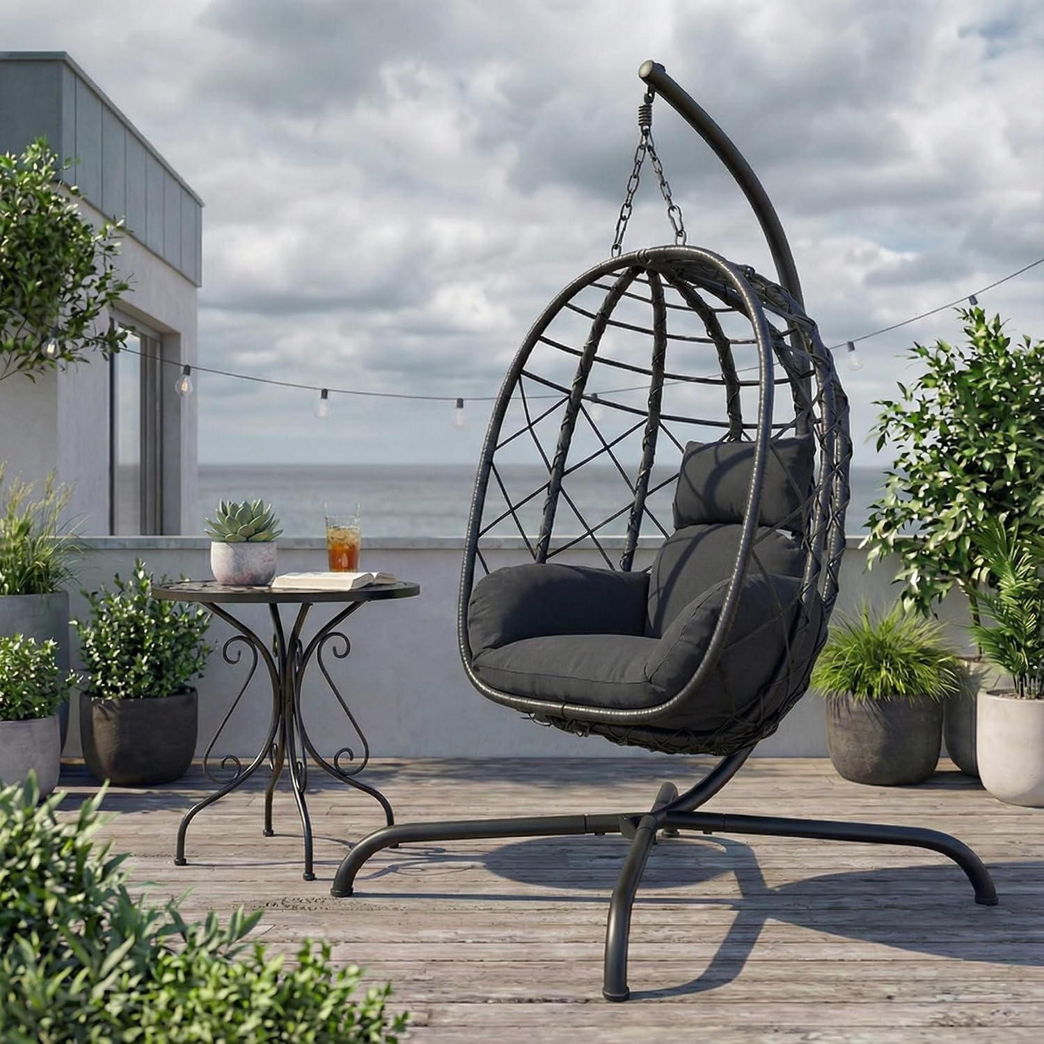 Foldable Hanging Egg Chair with Stand - Wicker Swing Hammock Chair with Cushion - for Patio Porch Balcony Weight Capacity 350lbs (Dark Gray)