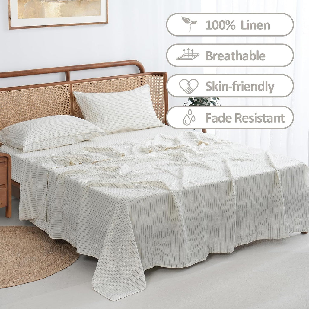 S VICTORY SYMBOL 100% Organic Linen Sheets Set Grey Pinstripe,Yarn Dyed French Natural Stone Washed Flax Bedding Set,3pcs Bed Sheets Twin XL Size,Ultra Soft&Breathable