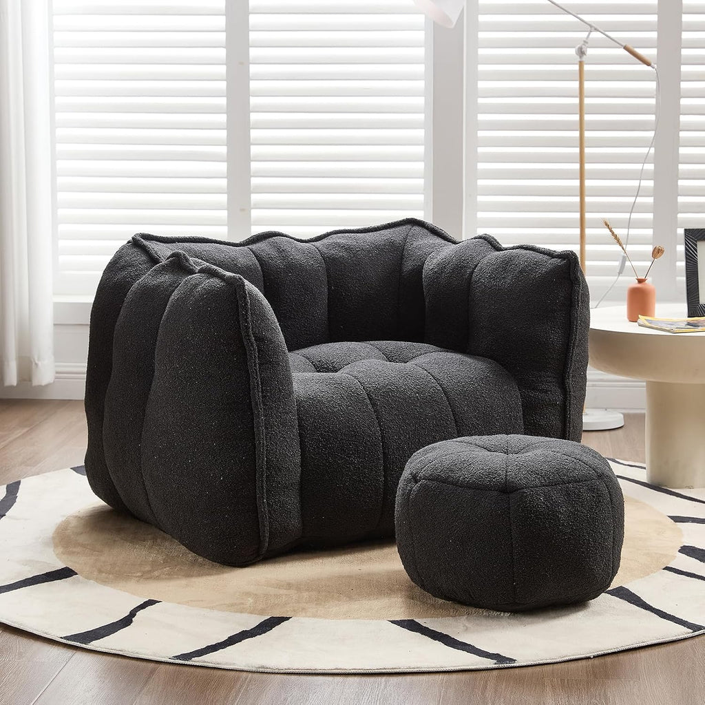 Giant Bean Bag Chair with Ottoman, Oversized Beanbag Chair for Adults, Comfy Floor Sofa Chair with Foam Filler, Pumpkin Lazy Lounger for Living Room, Game Room, Reading Corner, Chenille Black