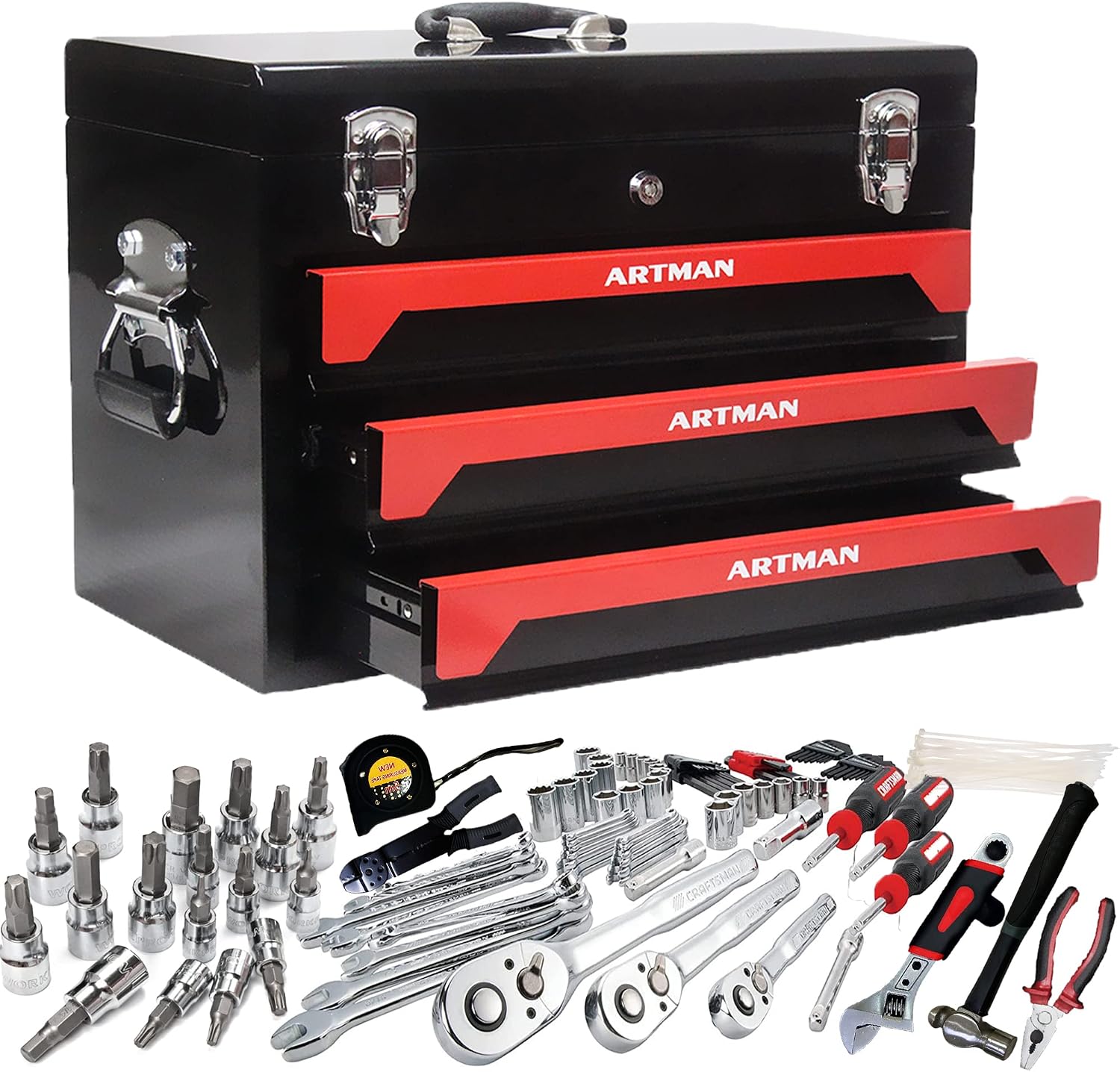 Runboll Mechanics Tool Set 339-Piece 3-Drawer Toolbox with Tools Kits Included, with pliers, ball hammer, screwdrivers, wrenches, Hex Keys, and More