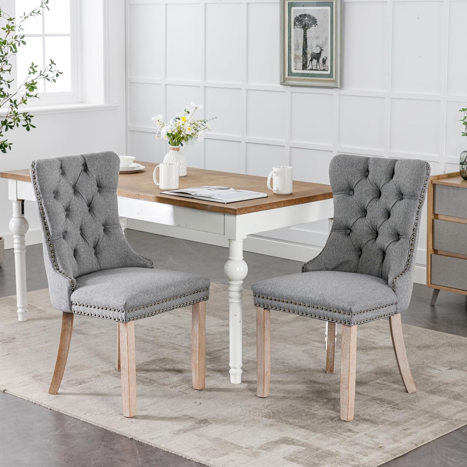 Ball & Cast Contemporary Upholstered Dining Chairs Set of 2, Button Tufted Kitchen Side-Chairs with Hang Ring & Nailhead Trims & Solid Wood Legs, 2-Piece Backrest Traditional Chair, Linen Gray