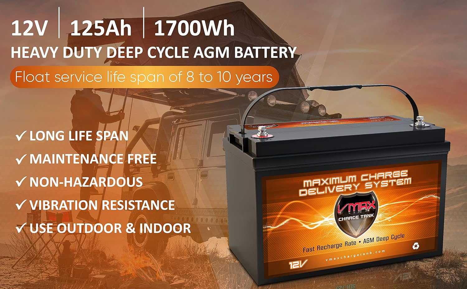 VMAXSLR125 AGM deep cycle 12V 125AH battery for Use with gas or electric power backup generator or smart charger for off grid power systems