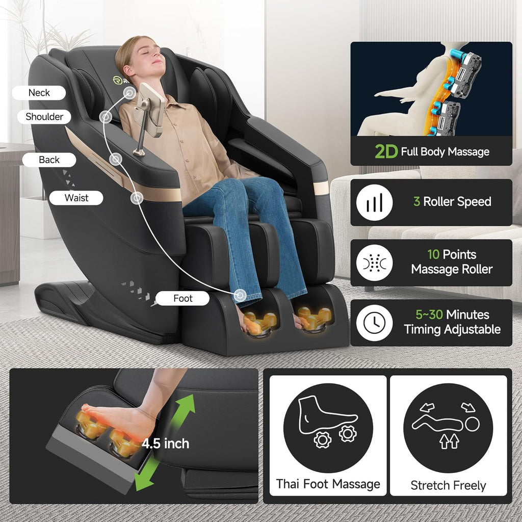 Real Relax 2025 Full Body Massage Chair, Zero Gravity Shiatsu Massage Chair Recliner, Foot Massage, Bluetooth, Large Control Screen (Black and Gold)