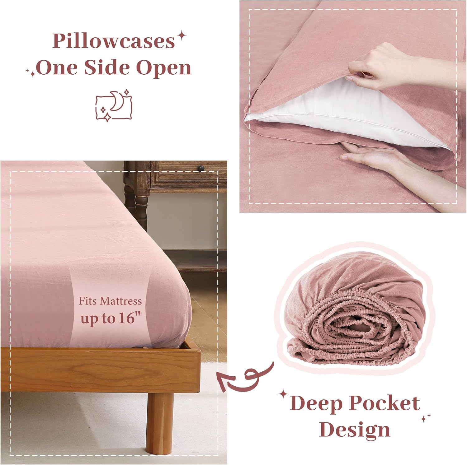 100% French Linen Sheets Set Queen Size-4Pcs Natural Washed Flax Bed Sheets Soft Breathable and Durable- 1 Flat Sheet 1 Fitted Sheet 2 Pillowcases (Pink, Queen)