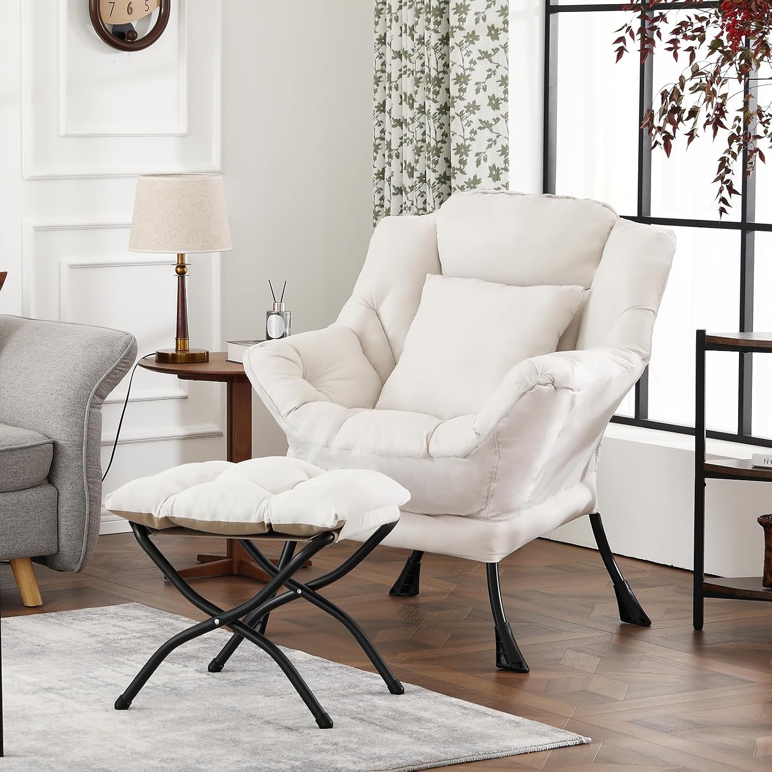 Lazy Chair with Ottoman, Large Accent Chair with Ottoman and a Throw Pillow, Beige Reading Chair for Living Room Bedroom Dorm Room Office Apartment Relaxing Use