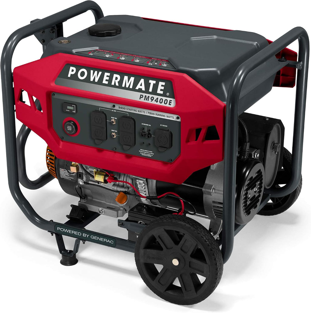 Powermate PM9400E 9,400-Watt Gas-Powered Portable Open Frame Generator - Electric Start - Quiet Operation - Ideal for Home and Outdoor Activites - Engine Powered by Generac - Red/Black