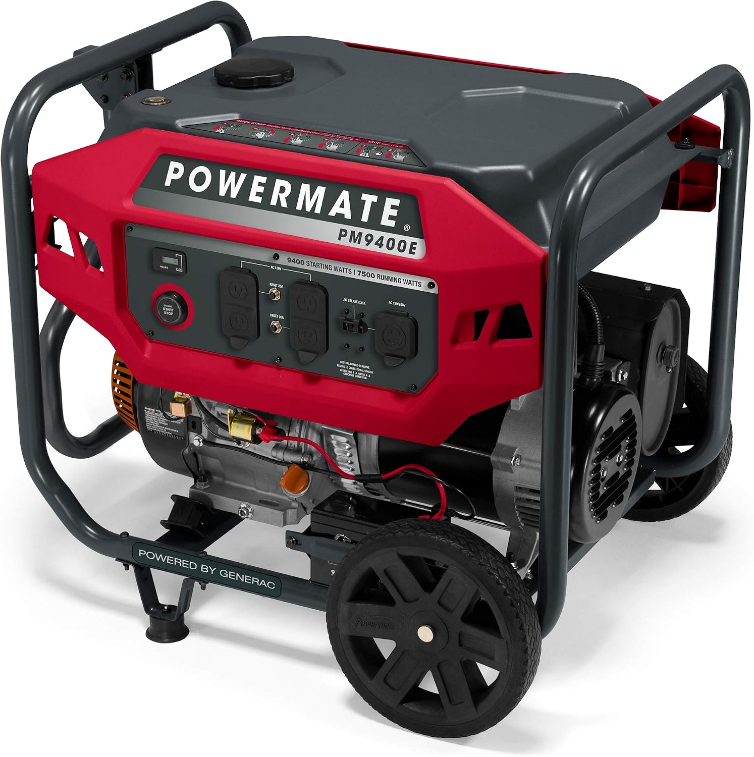 Powermate PM9400E 9,400-Watt Gas-Powered Portable Open Frame Generator - Electric Start - Quiet Operation - Ideal for Home and Outdoor Activites - Engine Powered by Generac - Red/Black